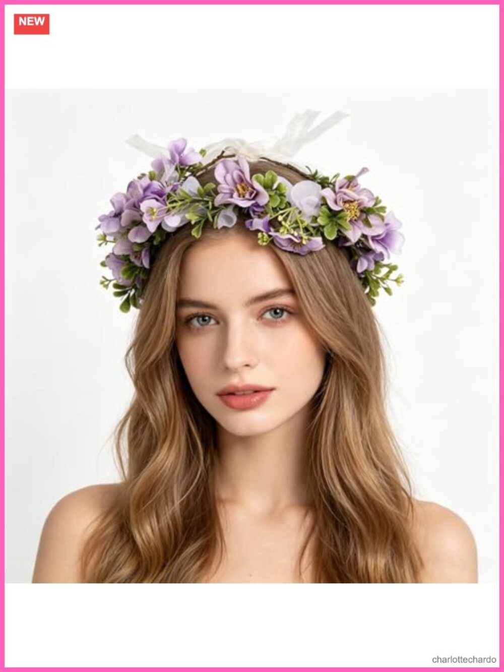 Adjustable Floral Flower Crown Headband with Satin Ribbon for Weddings &